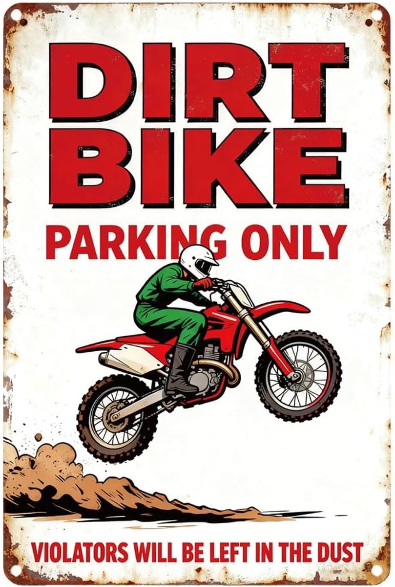 Metalen bord motorfiets strips transmissie vintage wandbord voor clubs bars interessante woorden wanddecoratie foto DIRT BIKE PARKING ALLEEN 20x30cm