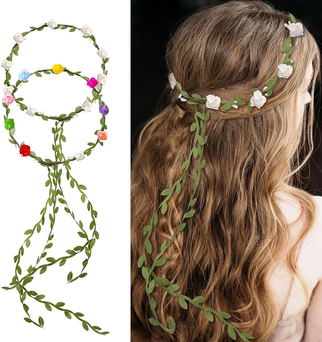 2 stuks dames bloemenkrans hoofdband, boho bloemen haaraccessoires, handgemaakte rozenblaadjes haarbanden, bloemenkrans haar voor bruid, meisjes, kinderen, bruiloft, communie, verjaardag, feest