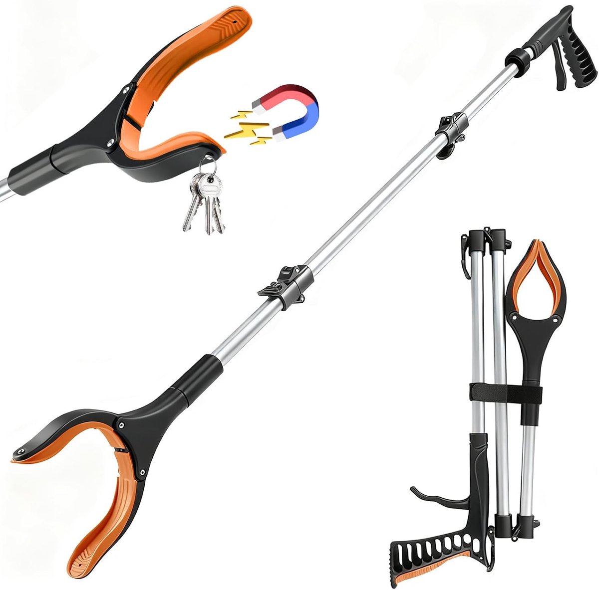 110 cm grijptang voor senioren, vuilnisgrijper, tang met telescoopsteel, afvaltang, opvouwbaar met magneet, voor senioren, gehandicapten, zwangere vrouwen, afvalverzameling, tuin, oranje