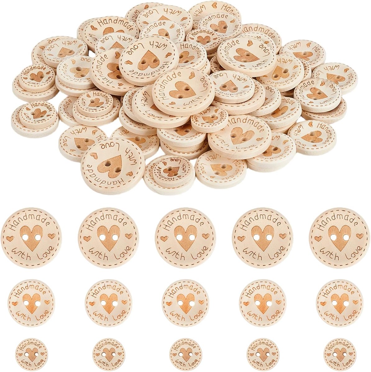 150 stuks handgemaakte houten knopen, 3 maten, handgemaakt, met liefde, gesorteerde ronde hartvormige knop met 2 gaten voor naaiwerk, tassen, poppen, 15/20/25 mm