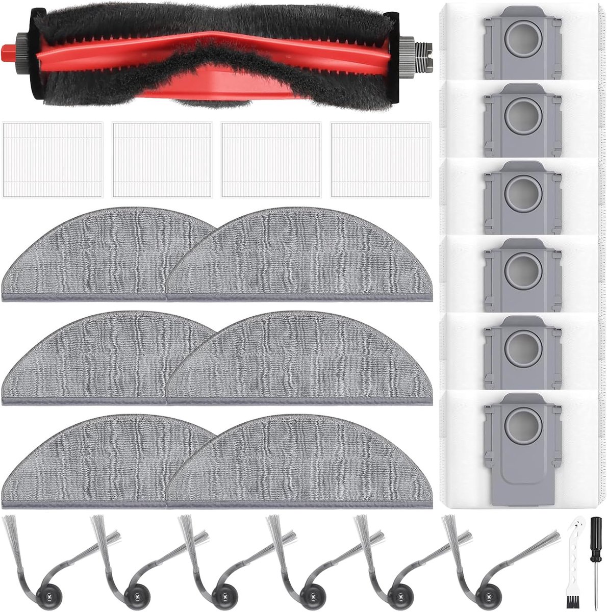 Lot van 25 accessoires voor Roborock Q7 L5+ / Q7 L5 / Q7 M5+ / Q7 M5 robotstofzuiger, reserveonderdelen met 1 hoofdborstel, 6 stofzakken, 6 reinigingsdoekjes, 4 filters, 6 borstels