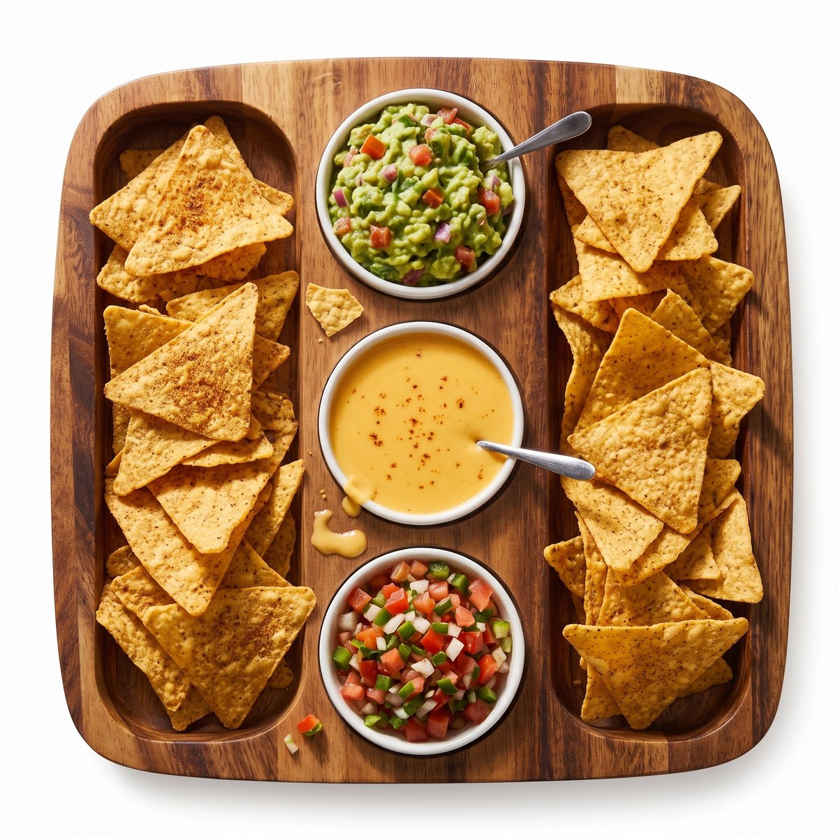 Tortillaschaal Dubbel Acacia - 30x30 cm - Inclusief 3 Sausbakjes Ø 8 cm - Nachoschaal - Borrelplank - Horeca kwaliteit