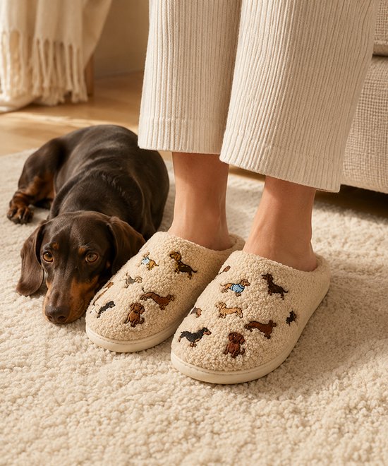 Gezellige beige pantoffels met geborduurde teckels, gedragen door een persoon naast een slapende teckel.