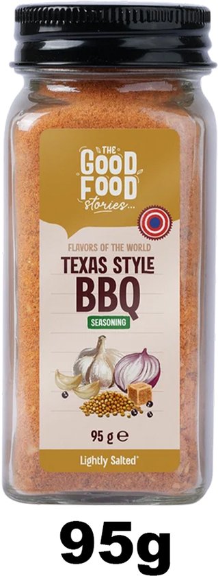 Glazen pot Texas BBQ kruiden van The Good Food Stories, 95g, met illustraties van ingrediënten.