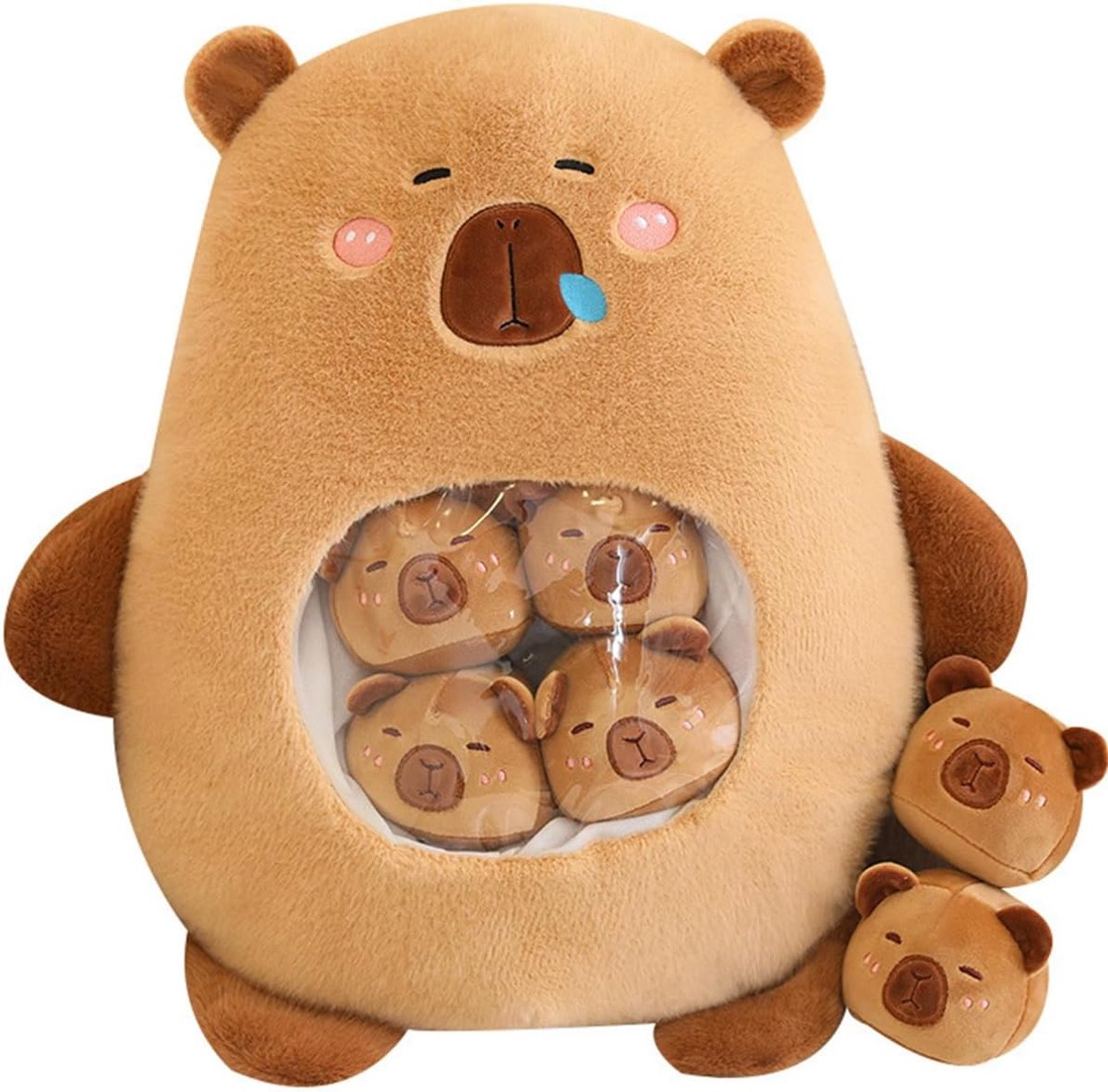 Pluche met 6 schattige baby's, een zak met Capibara knuffeldier snack kussen, superzachte Capibara pluche pop kussen voor baby jongens meisjes speelgoed(Bruin)