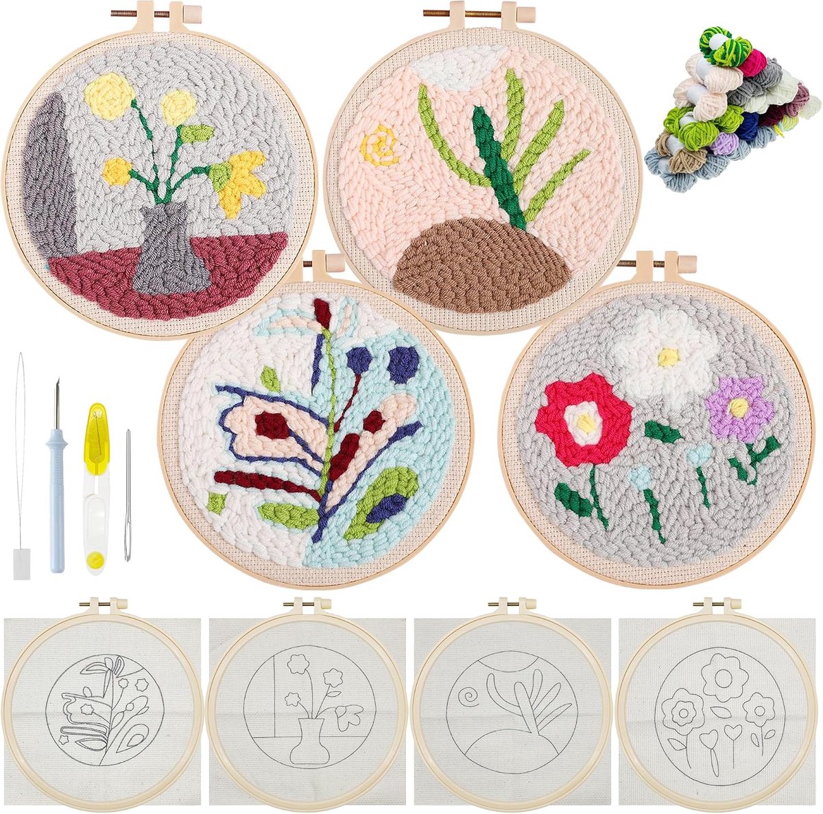 4 stuks ponsnaalden, borduurset, 15 cm stansnaald, borduurwerk, starterset met bloemenpatroon, doe-het-zelf stansnaaldenset met borduurframe voor kunsthandwerk, woondecoratie