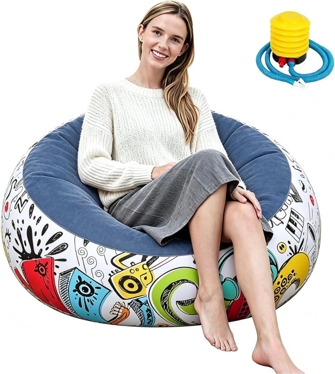 JCP® Opblaasbank - Opblaasbare Zetel - Inflatable Bean Bag Stoel - Graffiti Blauw - 10cm x 10cm x 10cm