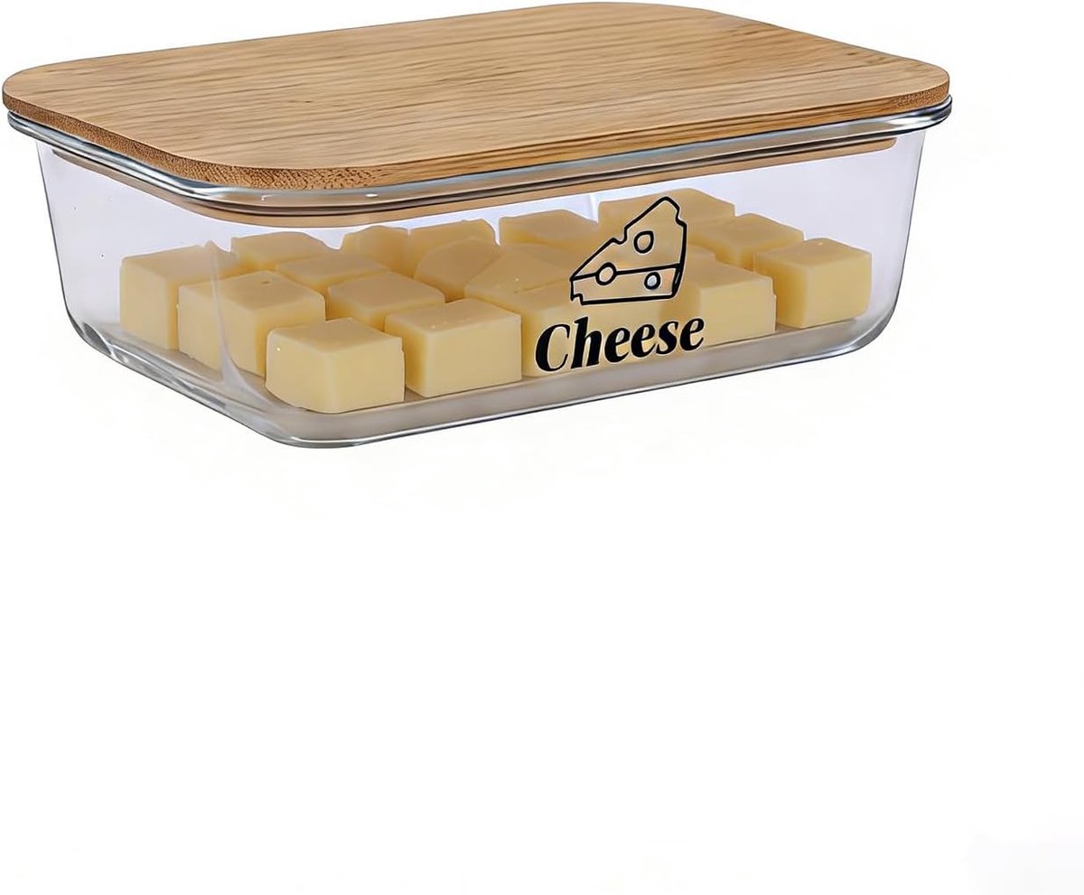 Koelkast, 1520 ml, van borosilicaatglas, met bamboedeksel en siliconen ring, als kaasdoos voor kaas, vleeswaren en levensmiddelen, transparant, voor keuken