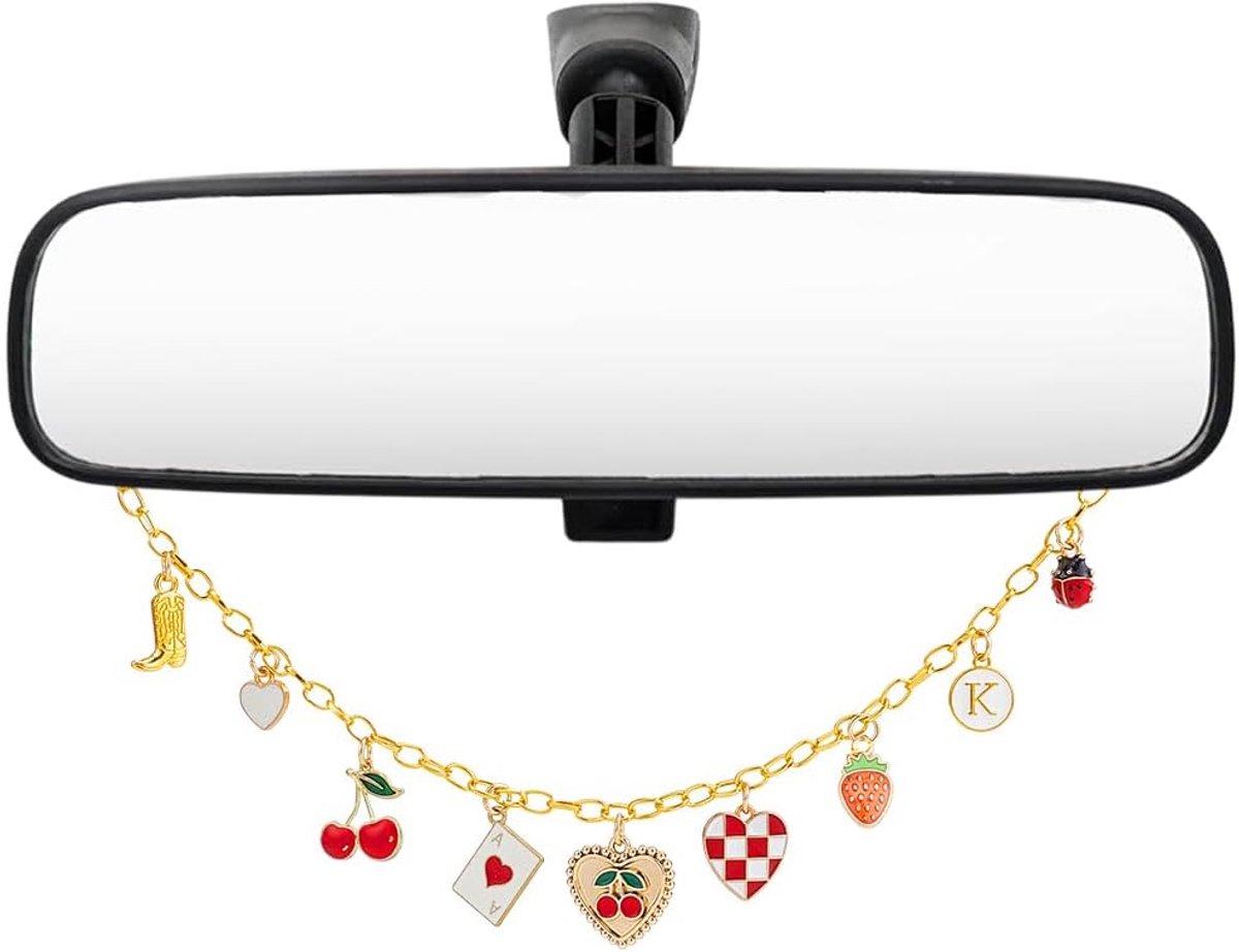Hanger voor achteruitkijkspiegel voor auto, aluminium ketting met schattige hangers van geëmailleerde legering in kersenvorm, aardbeien, hart, laarzen, auto-interieur
