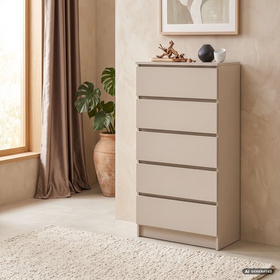 Beige ladekast met vijf lades in een slaapkamer met een raam, gordijnen, plant en vloerkleed.