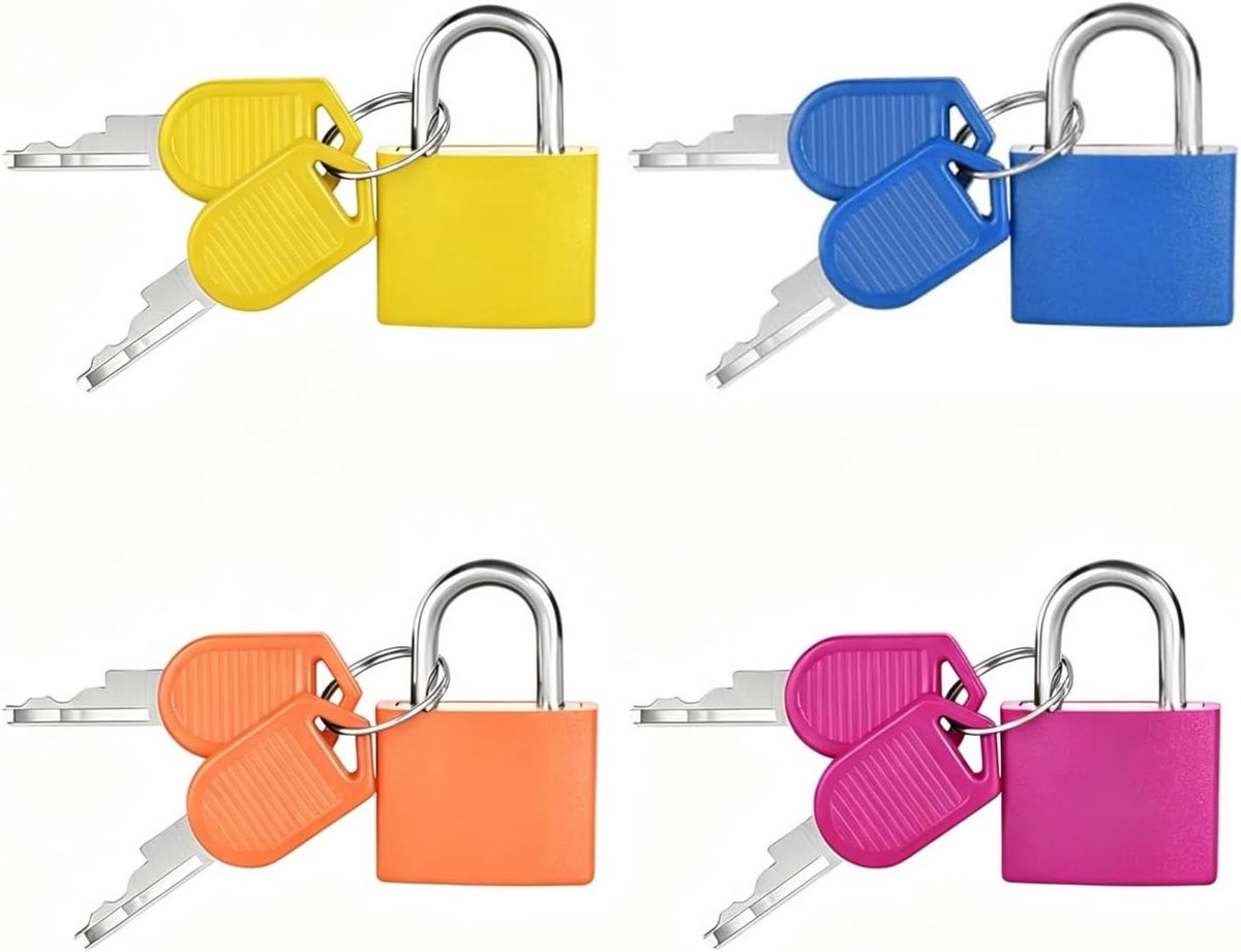 4 stuks kofferslot met sleutel, klein hangslot, bagageslot, reisslot, rugzakslot, kleurvast metalen hangslot met sleutel, klein hangslot voor reizen, rugzak, spelen fitness