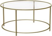 Salontafel 84 x 84 x 45,5 cm, Bijzettafel met Gehard Glazen Tafelblad, Koffietafel, Nachtkastje, Balkontafel, Goudkleurige Tafel met Metalen Frame, 6 mm Glas, Verstelbare Voetjes, Max. 70 kg, Moderne Stijl, voor Woonkamer, Slaapkamer en Balkon