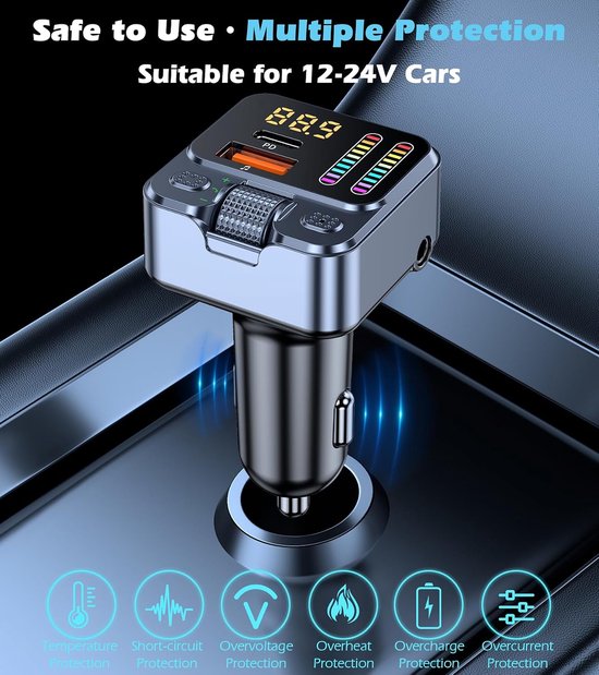 Bluetooth 5.3 FM Transmitter Auto - 42W PD Snellader - USB-C & AUX - Handsfree Bellen - LED Beat Sync - Geschikt voor 12V-24V Voertuigen - Bluetooth Muziekadapter — afbeelding 5