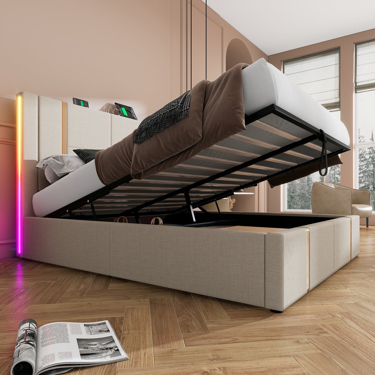 WUVRIE Opklapbed 160x200 cm met LED, USB-C, opbergruimte en lattenbodem, beige
