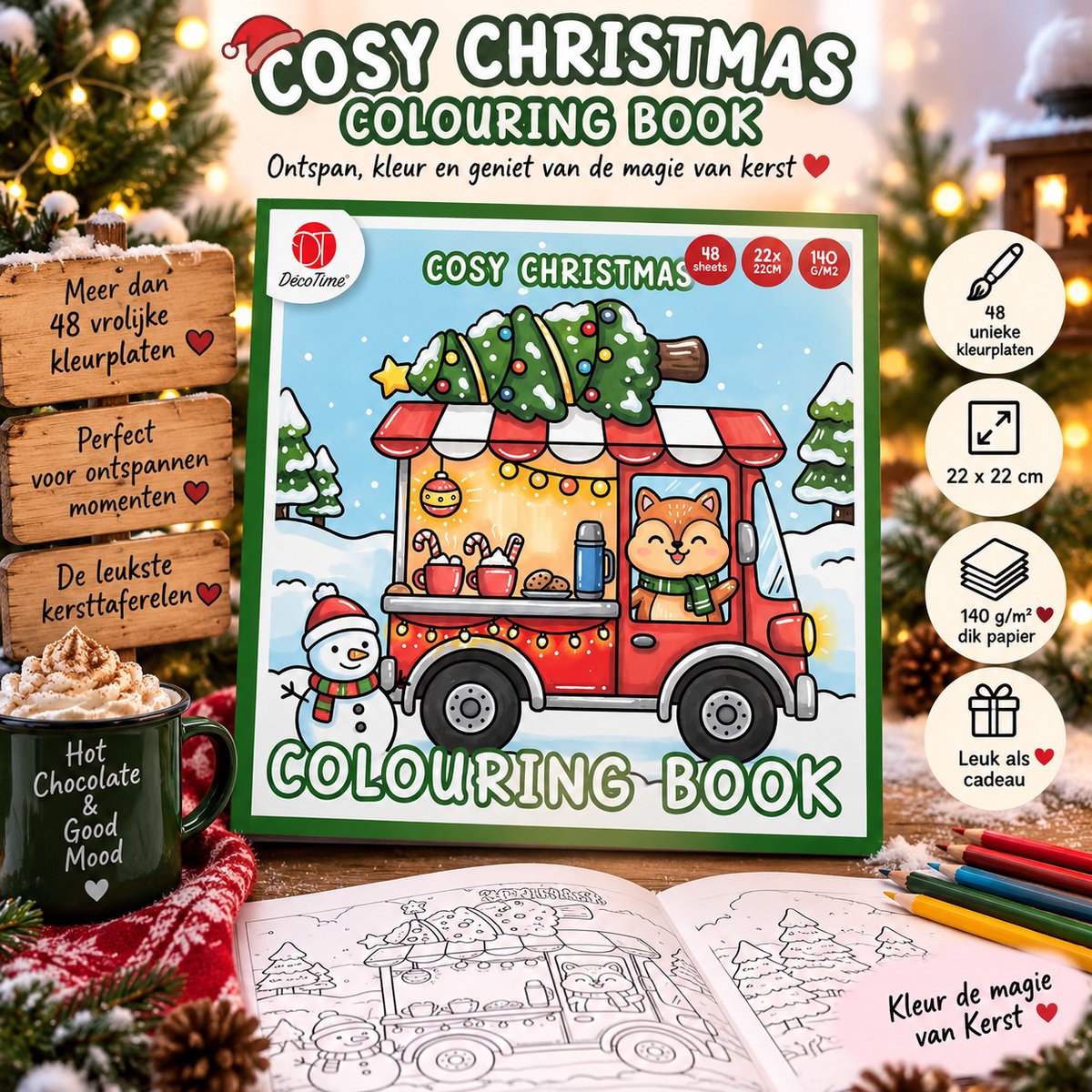 DecoTime Cosy Christmas Kleurboeken – 6 verschillende varianten – 48 Kleurplaten per Boek – 22 x 22 cm – 140 g/m² – Kerst Kleurboek voor Kinderen