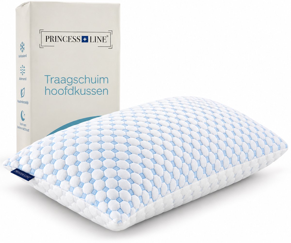 Princess Line Hoofdkussen 50x70 cm – Memory Foam Traagschuim – Verstelbaar Ergonomisch Kussen – Zijslaper, Rugslaper & Buikslaper – Verkoelend Wit & Blauw