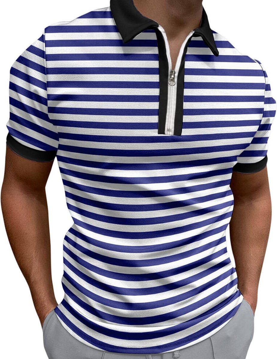 Heren T-shirt met korte mouwen en reverskraag en gestreept