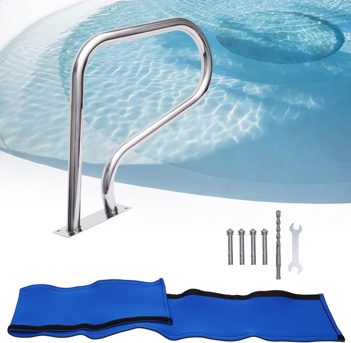 Trapleuning zwembad reling voor inground zwembaden 1 stuk 304 roestvrij staal roestbestendig zwembad leuning met blauwe neopreen afdekking, 120 kg draagvermogen, 81 (L) x 58 (H) cm