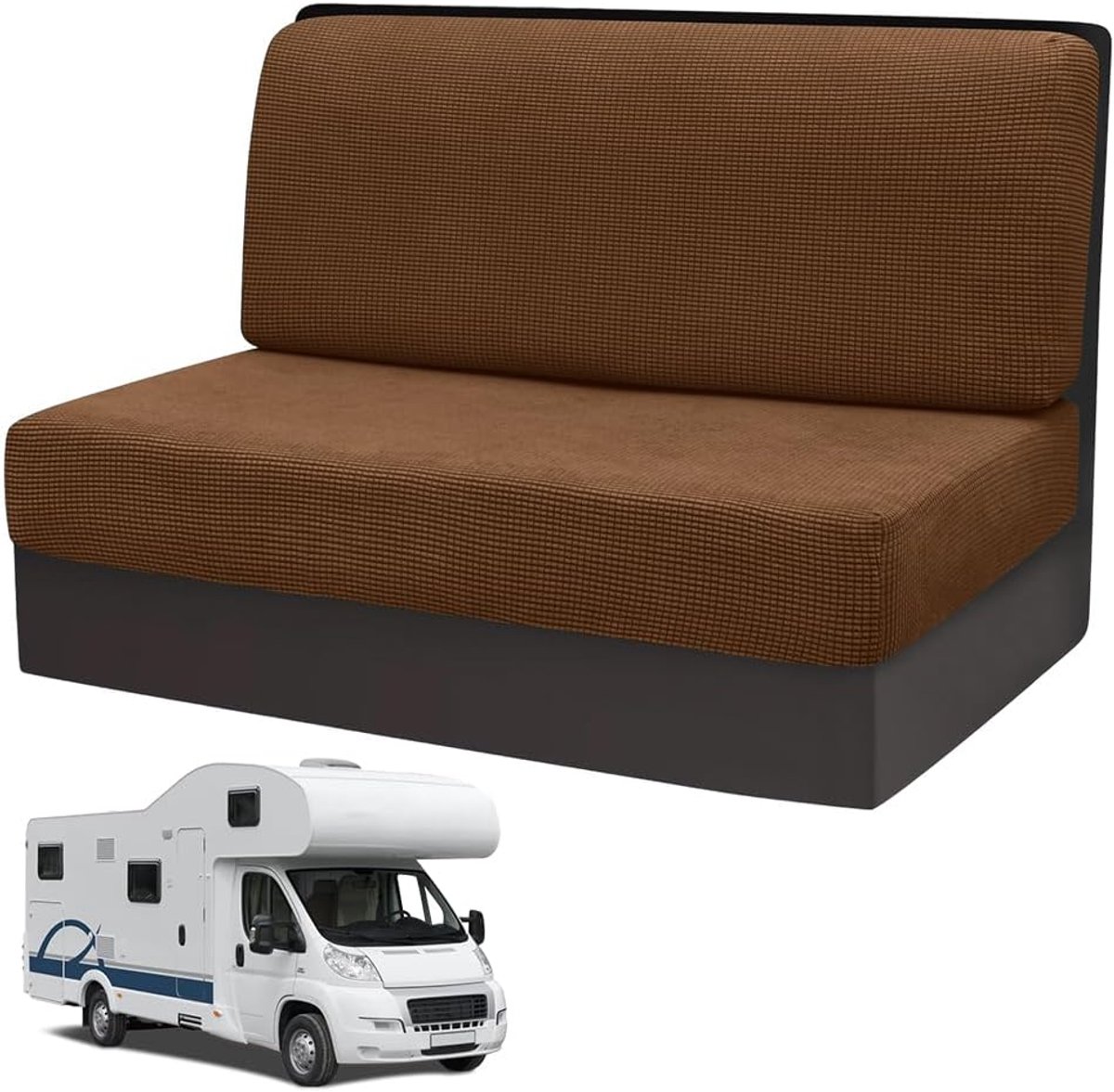 2 stuks camper kussenslopen, 1 set spanbeugels voor bank, RV-stoelhoezen, woonwagen polster, sofa-zitkussenslopen, camper-stoelhoezen voor aanhanger reismobilisit, wasbaar (Koffie)