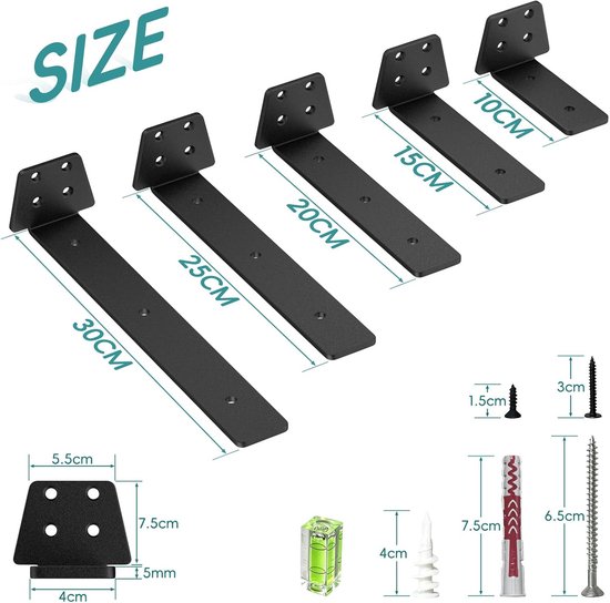 2 Stuks Zwevende Plankdragers, Wandgemonteerde Plankdragers 25cm, Zwart — afbeelding 3