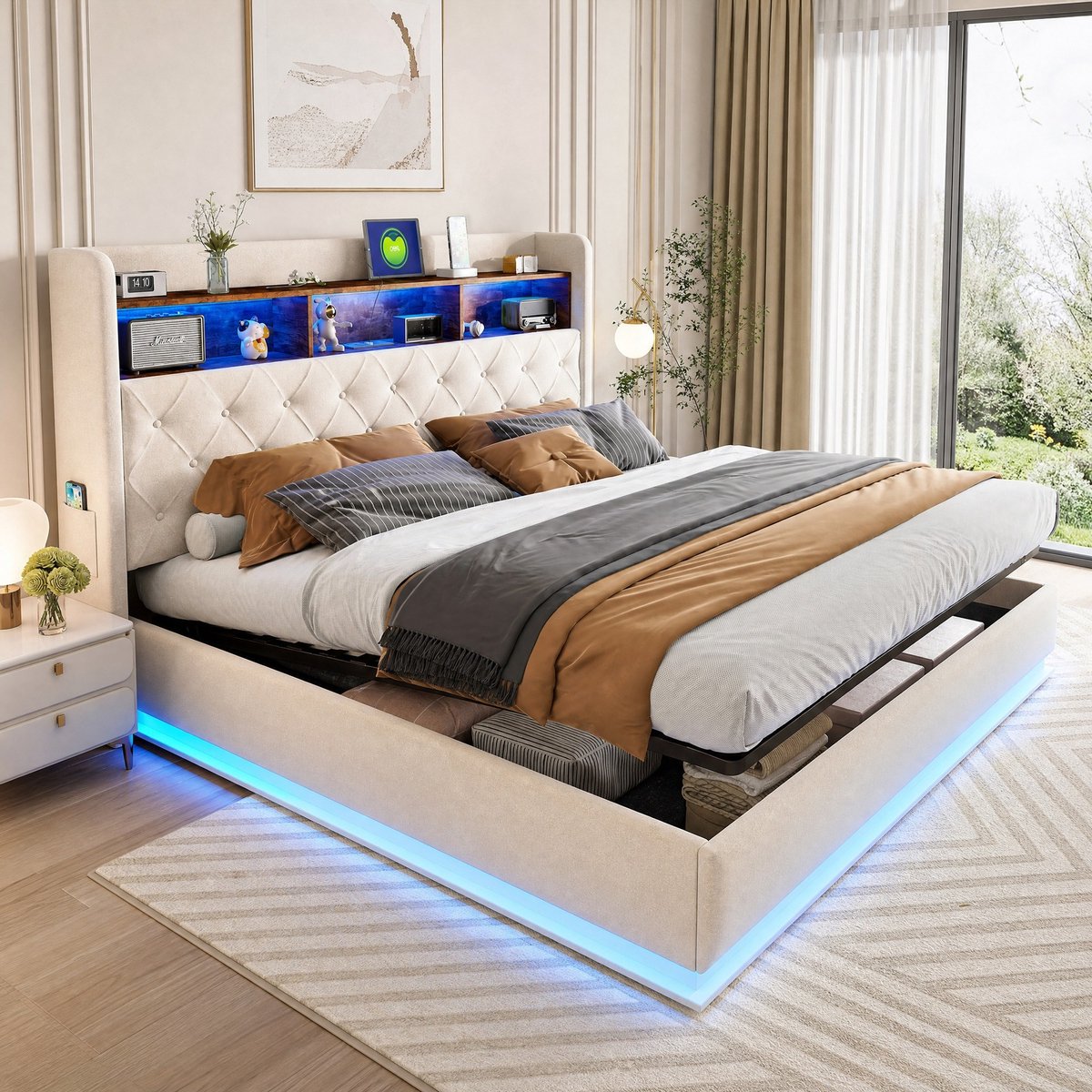 WUVRIE LED-opbergbed 180x200 cm met USB, hydraulische opbergruimte en meerkleurige verlichting, beige