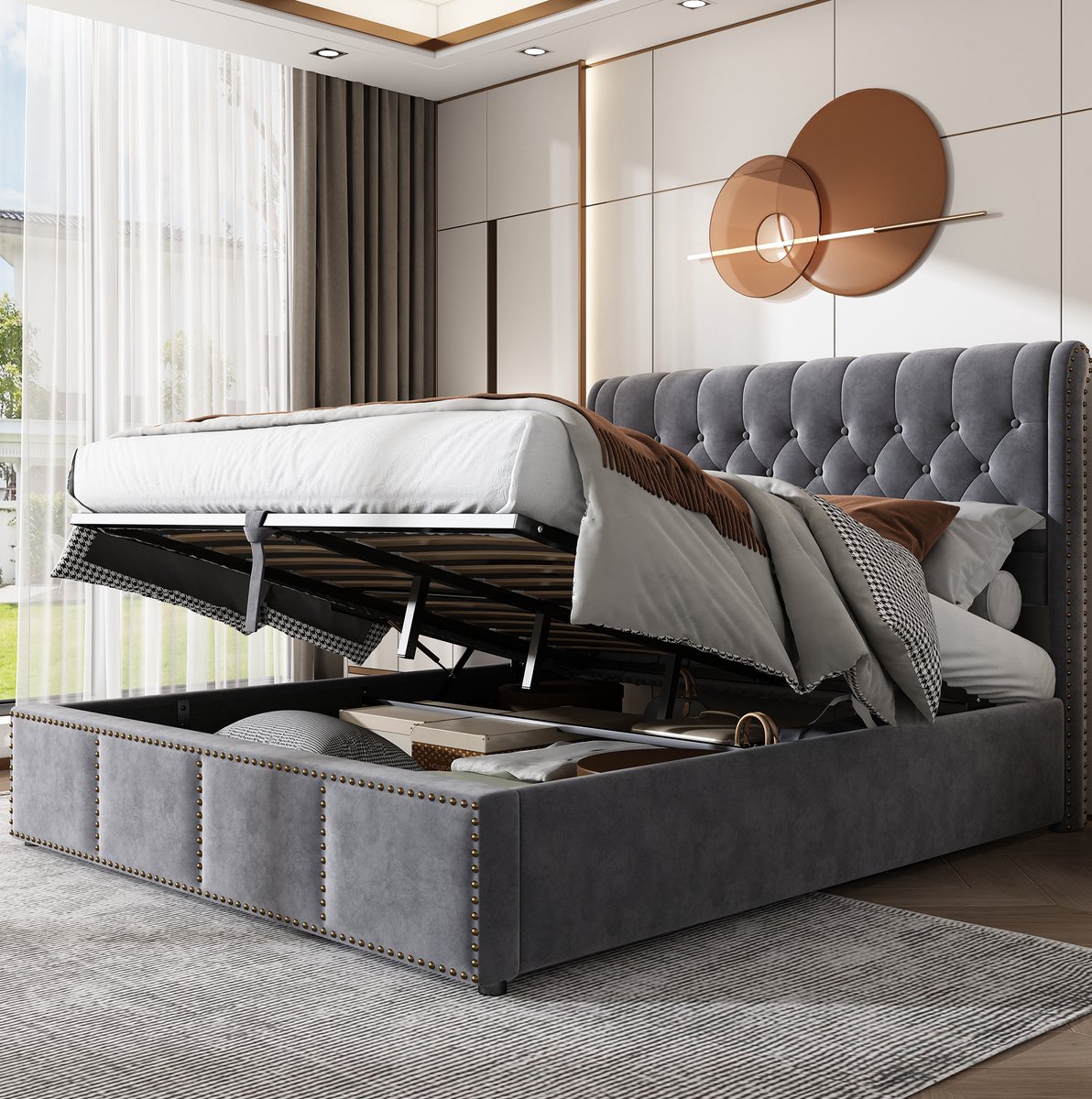 WUVRIE Opbergbed 140 x 200 cm met hydraulische lift, lattenbodem en opbergbank, grijs fluweel