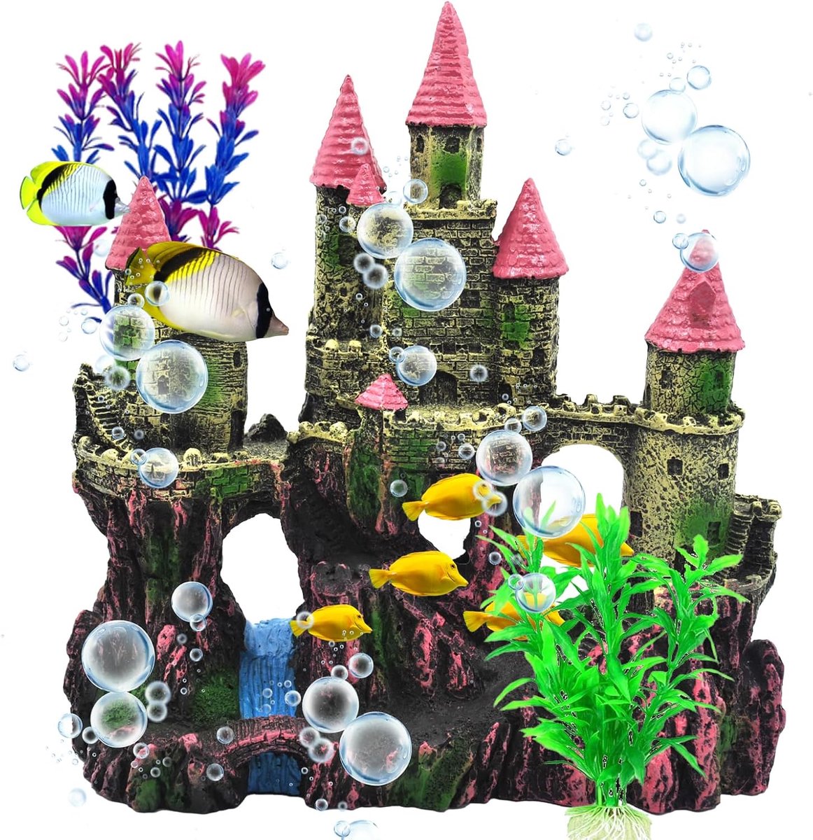 SnelShoppen - Aquarium Kasteel Decoraties, Hars Kasteel met Kleurrijke Planten voor Zoetwater en Zoutwater Aquariums, Roze, Perfect voor Middelgrote e