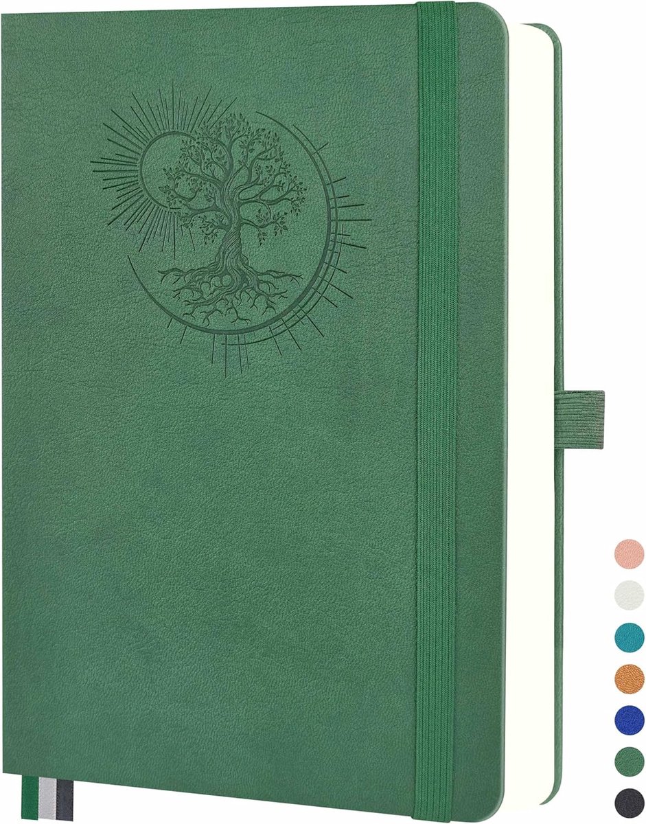 SnelShoppen - A4-notitieboek met boom des levens-ontwerp - 360 pagina's, 100 g papier, PU-omslag, elastische band, pennenhouder, 3 bladwijzers - Donke