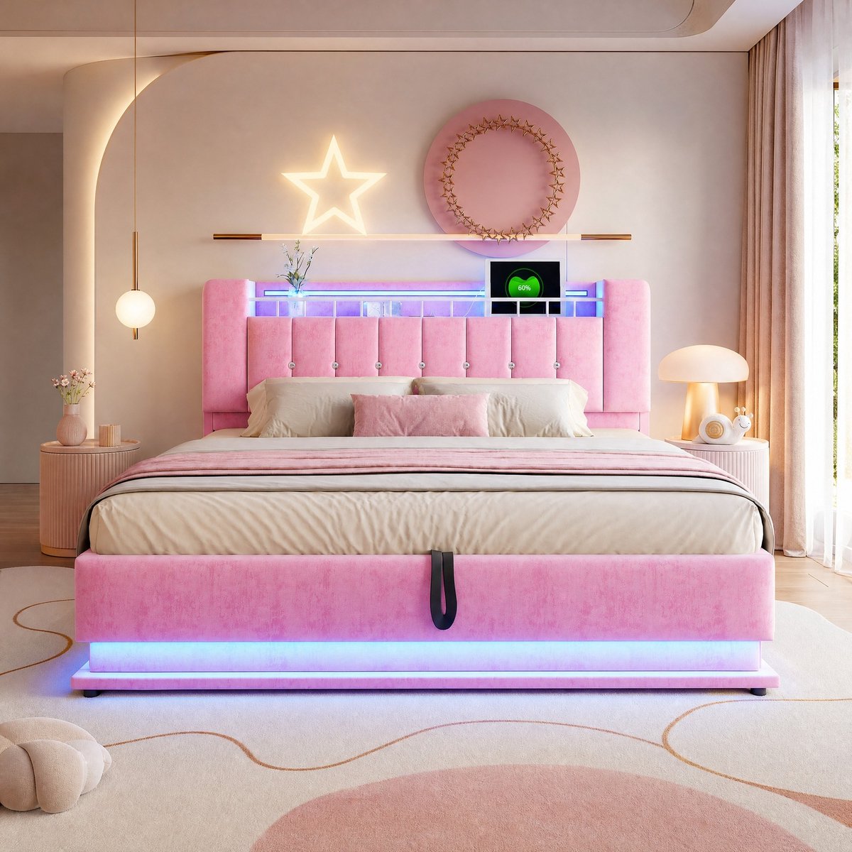 WUVRIE Gestoffeerd bed 180x200 cm met LED, USB, hydraulische opbergruimte en fluwelen bekleding, roze