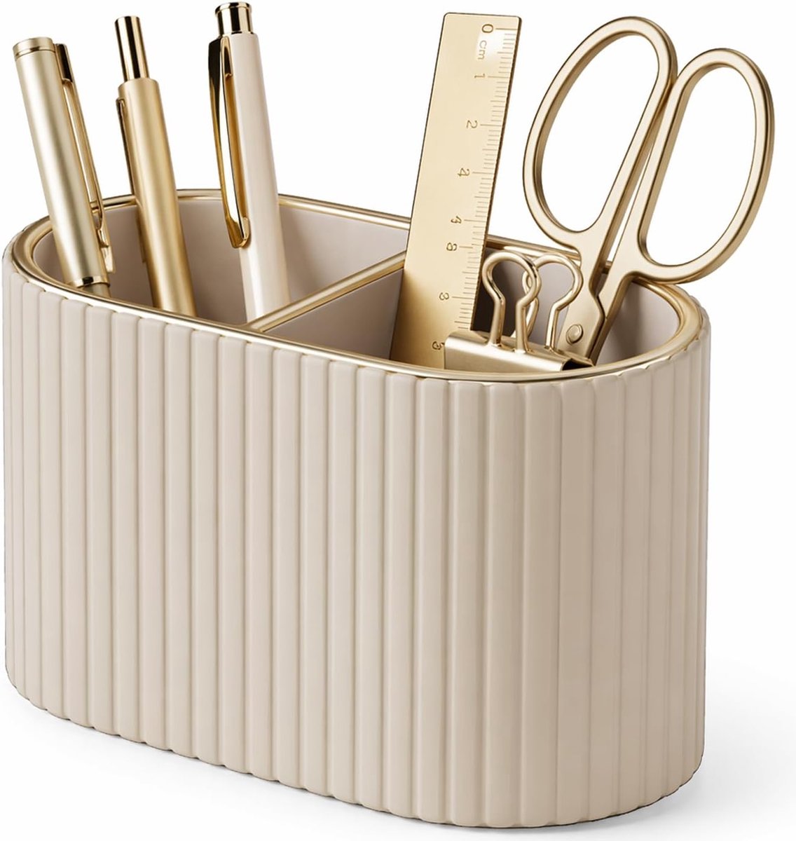 SnelShoppen - Elegante Ovalen Pen Organiser - Dubbele Compartimenten, PU Leer, Beige - Desk Organizer voor Kantoor, Thuis, School - Perfecte Opberging