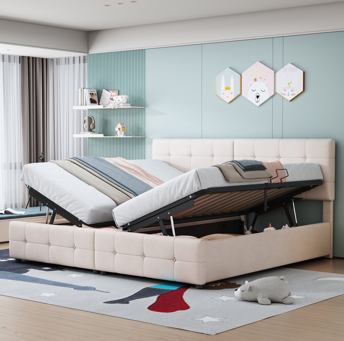 WUVRIE Gestoffeerd opbergbed 180x200 cm met hydraulische lift, verstelbaar hoofdbord en lattenbodem, beige