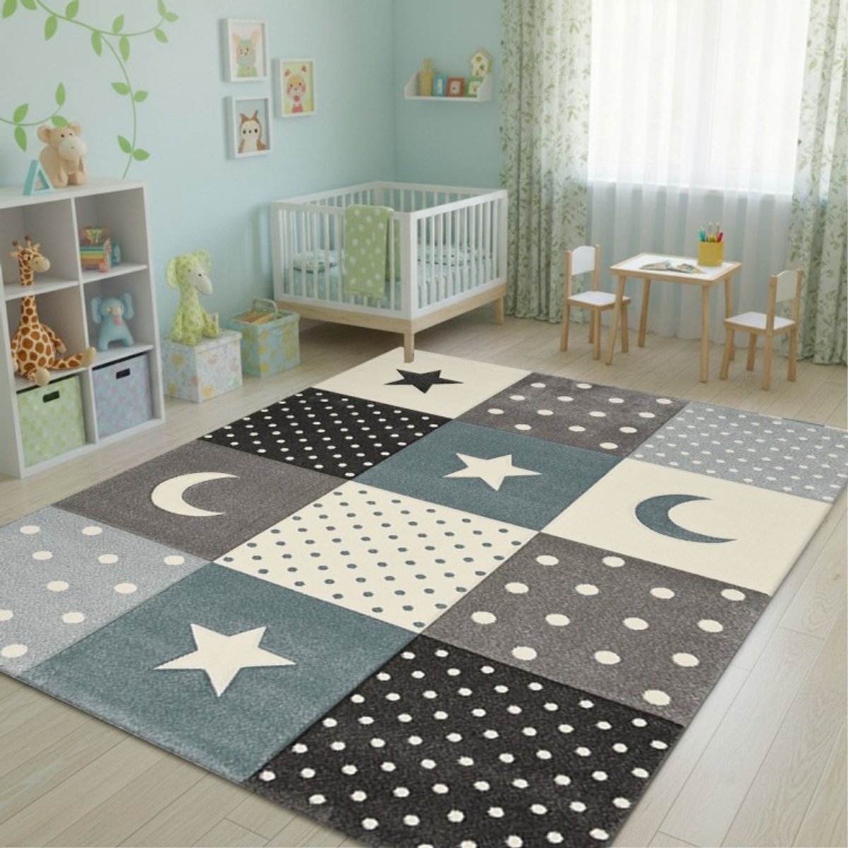 TapisTrend Kinderkleed Blauw 160x230 cm geruit vloerkleed met reliëf van sterren, manen en stippen voor de kinderkamer en speelkamer