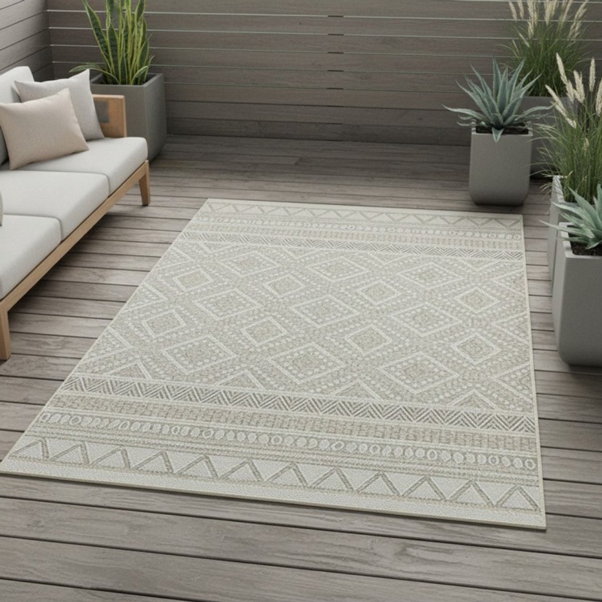 TapisTrend Buiten- en terraskleden Beige 80x150 cm Binnen-/buitenkleed met grote etnische ruiten en geometrische randen voor terras en woonkamer