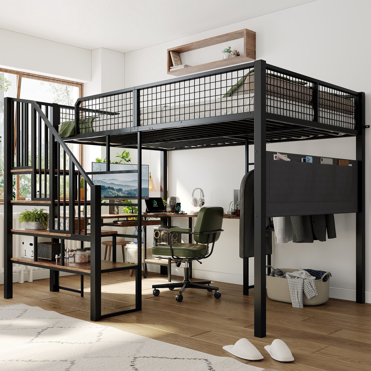 KOMHTOM Metalen bed 140 x 200 cm in zwart, hoogslaper met L-vormig hoekbureau, trap, uittrekbaar toetsenbordvak, oplaadaansluiting en stoffen opbergzak aan de zijkant Zwart + Vintage