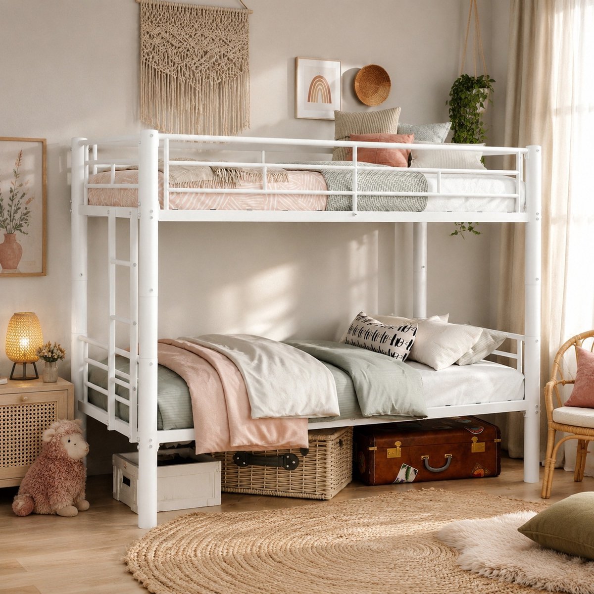 DESMIU Stapelbed 90x190 cm – Om te Bouwen tot Twee Eenpersoonsbedden – Ladder en Veiligheidsreling – Metalen Frame – Wit – Zonder Matras