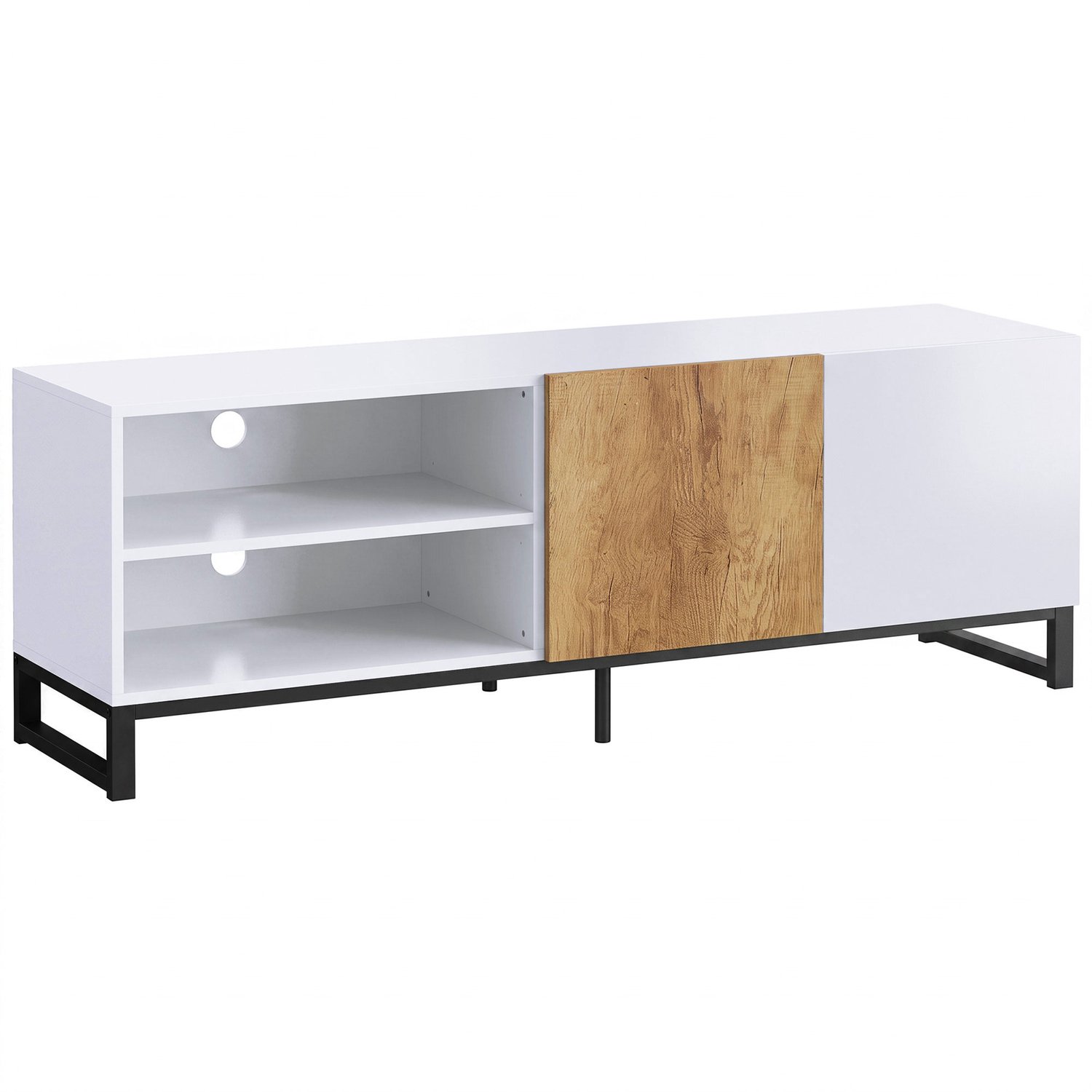 Homona TV-meubel - Modern tv-kast voor tv's tot 55 inch - Met 2 kabeldoorvoeren en verstelbare legplanken - 140 x 36,5 x 50 cm - Wit en eiken