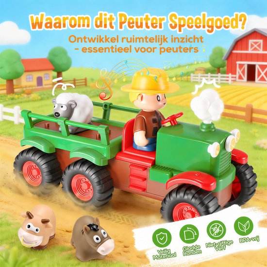 Wootoy Speelgoed Tractor voor Peuters van 1 2 en 3 jaar - Boerderij Voertuig Auto met Muziek en Dieren - Montessori Speelgoed voor Baby's –Cadeau Educatief Kinderspeelgoed Jongens en Meisjes — afbeelding 4