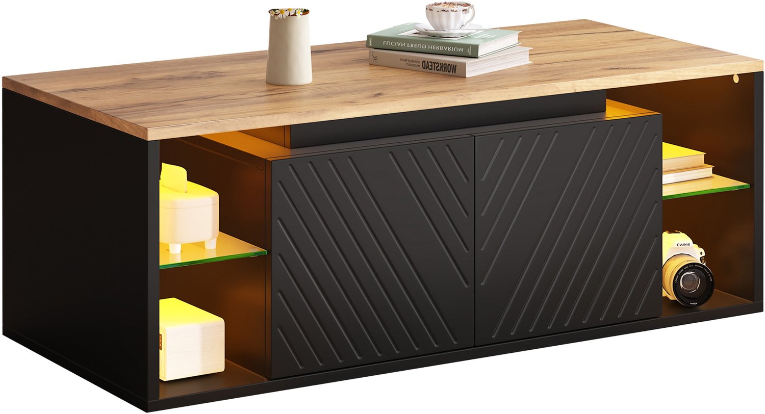 Welltin Salontafel - LED-verlichting - 100 x 50 x 41 cm - Opbergruimte met deuren - Woonkamertafel voor dagelijks gebruik - Zwart met houtlook