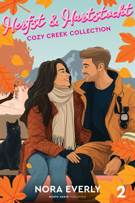 Illustratie van een stel op een bankje in de herfst, met een zwarte kat en de tekst 'Herfst & Hartstocht'.