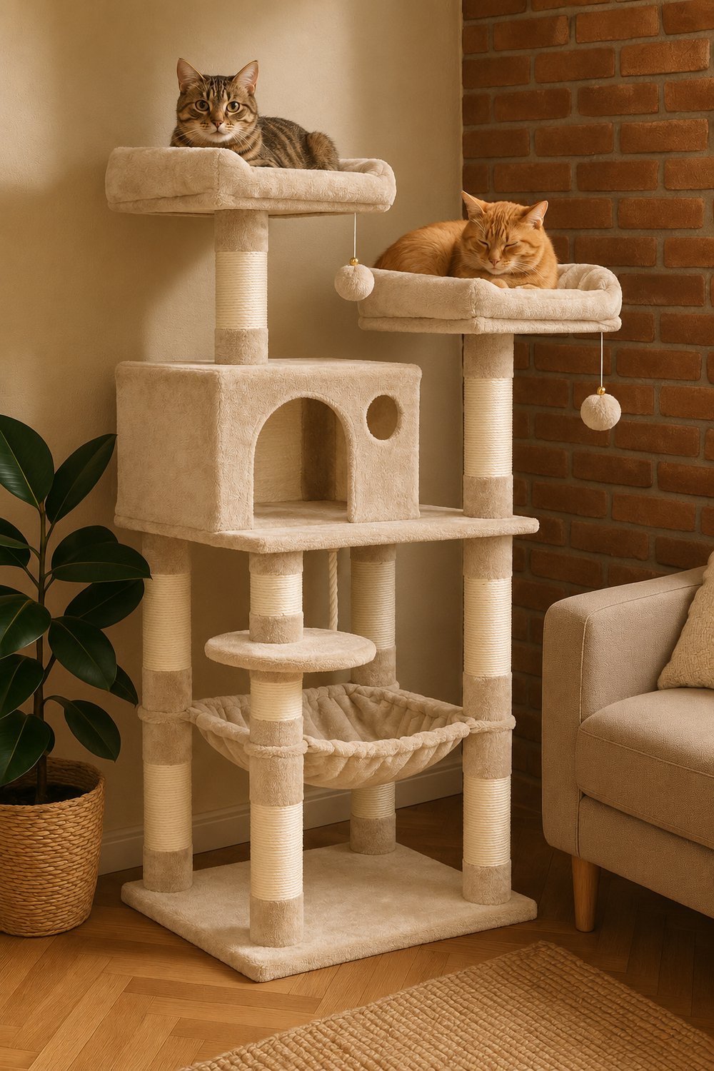 Bol.com Bobbel Home - krabpaal - 143 cm - stabiele krabpaal met kattenhuis - Beige aanbieding