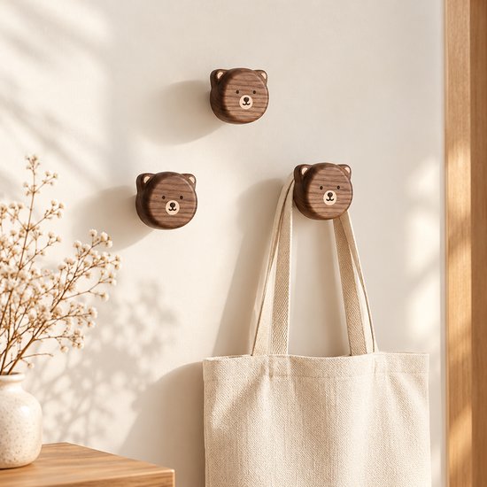 Vavida Wandhaakjes - Hout - Kinderkamer - 3 Stuks - Beer - Beertjes - Walnoot — afbeelding 2