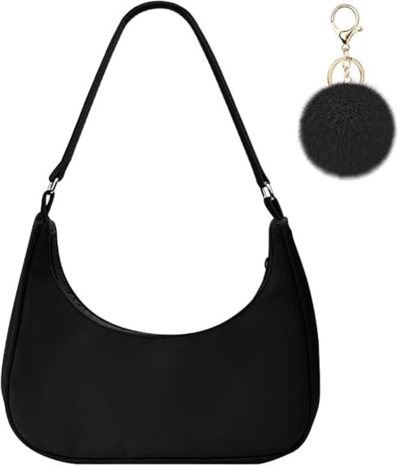 Schoudertas voor dames - Handtas met korte schouderband - Damestas - Compacte tas met ritssluiting - Inclusief bijpassende pompon sleutelhanger - Zwart - 27 x 23 x 7 cm