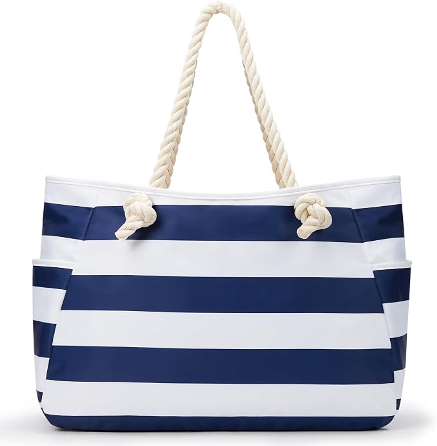 Strandtas groot - XXL shopper dames - Tas met ritssluiting - Voor strand en zwembad - Met binnenvak en steekvakken - Waterdichte wasbare stof - Touw hengsels - Blauw/wit - 61 x 20 x 35 cm