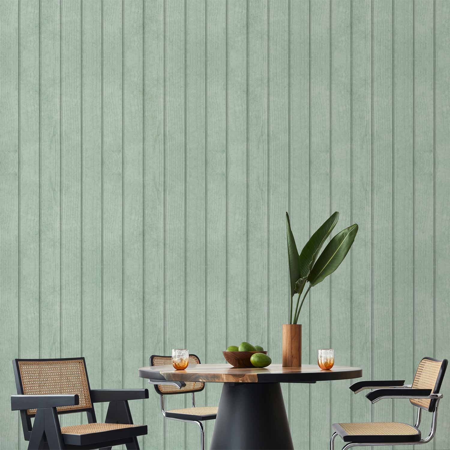 Behang - Delicate Wood - Vertical stripes in a pastel green shade.