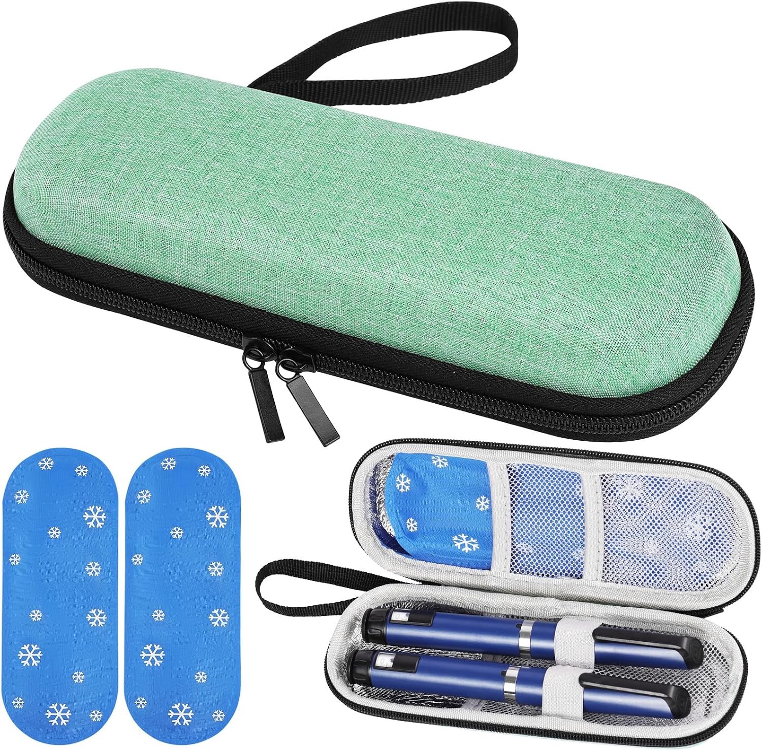 Insuline koeltas voor onderweg - Geïsoleerde tas voor pennen - Medicijnetui met twee koelelementen - Compacte opbergcase voor reizen - Oxford buitenstof met ritssluiting - Met elastiek en gaasvak - Groen - 20 x 7 x 5 cm