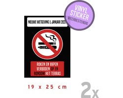 Pictogram/ vinyl stickers (2x) | "Nieuwe wetgeving 1 januari 2027 - Roken en vapen verboden OP en ROND het terras" | 19 x 25 cm | Voor België | Wetgeving | Watervast | Horeca | Café | Sticker | Rookverbod | Signalisatie | Zwart | 2 stuks