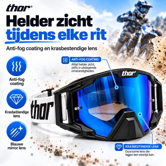 Zwarte motorcrossbril met blauwe spiegelende lens. Anti-fog coating en krasbestendige lens voor helder zicht tijdens elke rit.