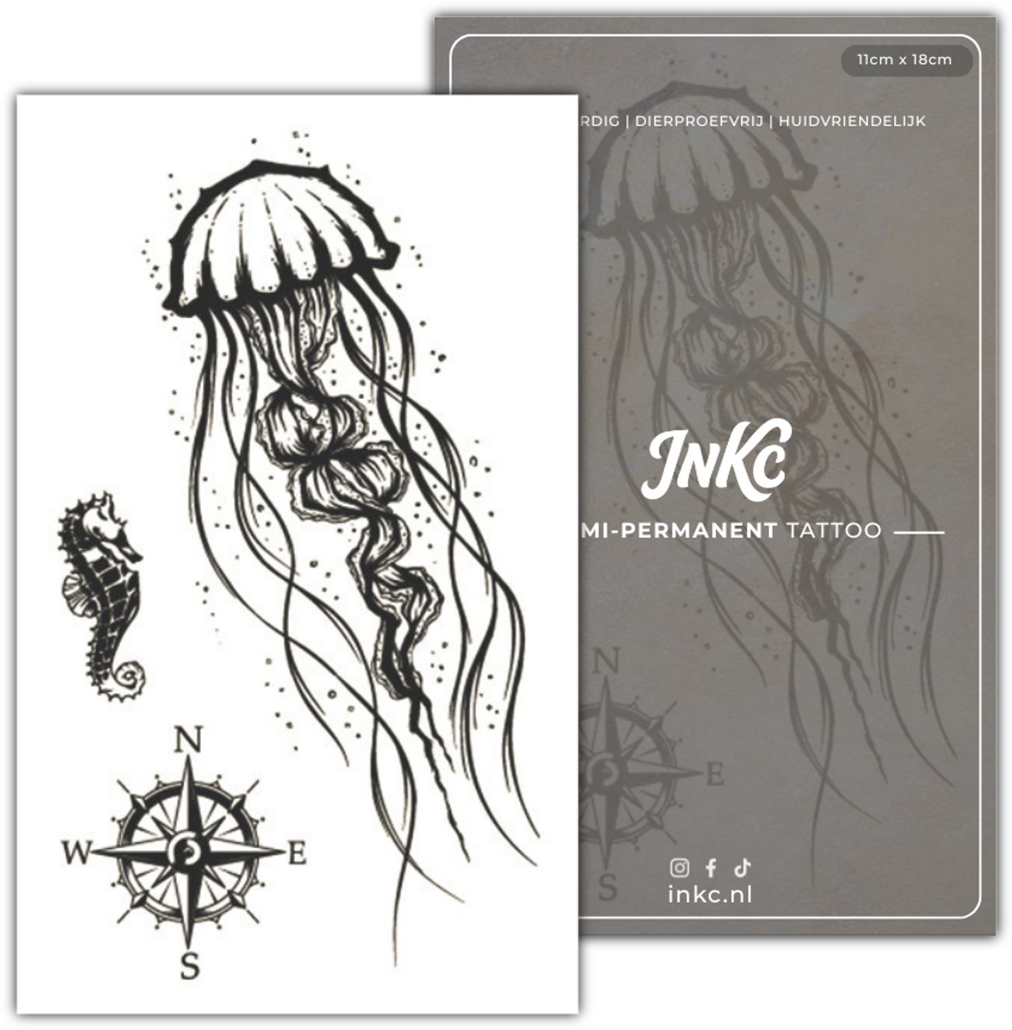 INKC - Tijdelijke Tattoo - Zeedieren Kompas - Nep Tattoo - Plak Tattoos - Blijft tot 2 weken - 11 x 18cm