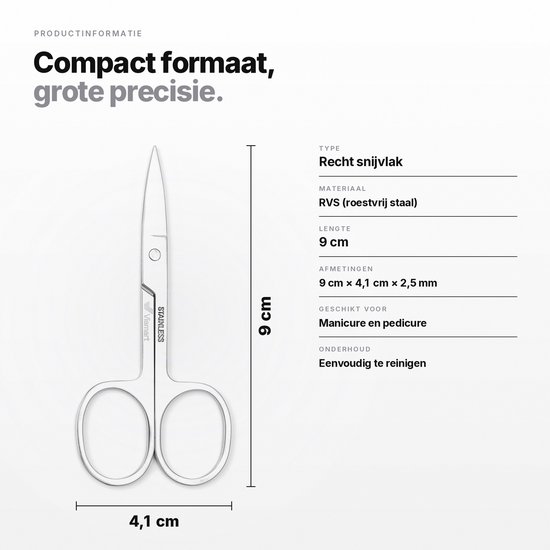 Roestvrijstalen precisieschaar van 9 cm bij 4,1 cm. Recht snijvlak. Ideaal voor manicure en pedicure.