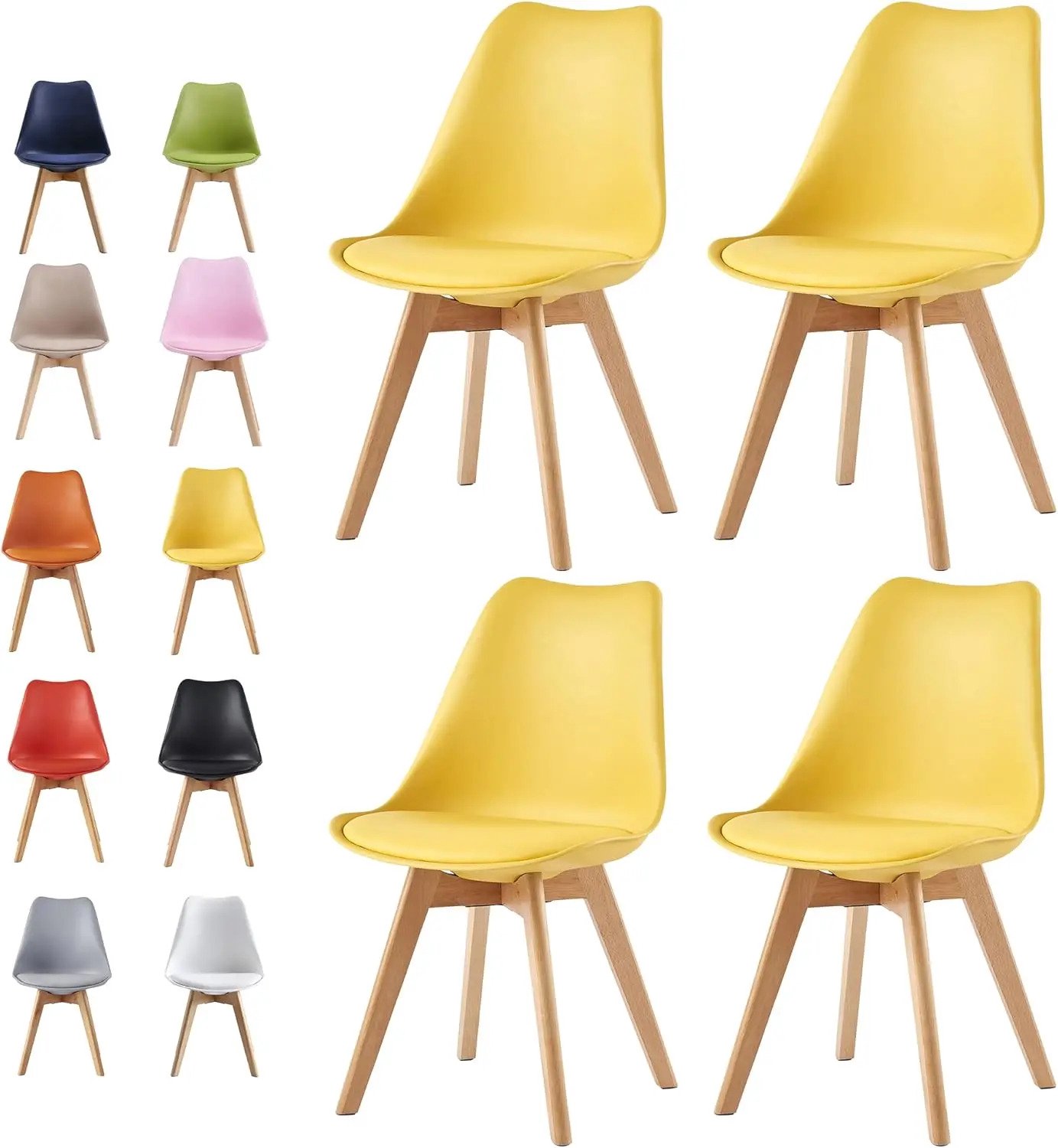 Gudalio Eetkamer Stoelen - Set van 4 - Kuipstoelen - Keukenstoelen - Scandinavische stijl - Zacht Zitkussen - Houten poten - Geel